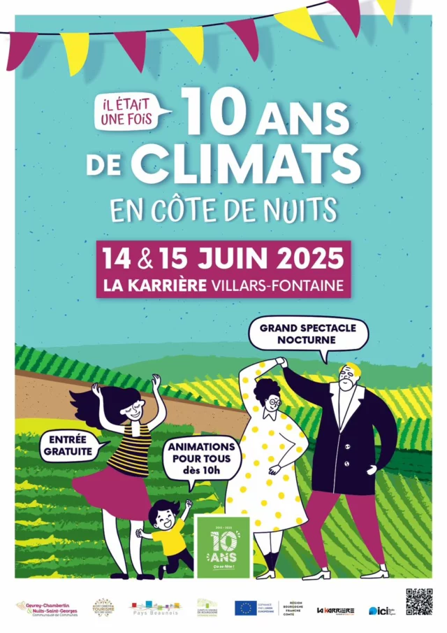 🥳 J-30 : 10 ans des Climats de Bourgogne ! 🥳

On vous donne rendez-vous les 14 et 15 juin prochains à La Karrière pour un week-end festif, rempli d’animations et de surprises, le tout gratuitement !

Au menu : un marché des artisans et producteurs, 2 masterclass autour du vin, des ateliers enfants, une pièce de théâtre, exposition d’artistes, village des savoirs, des expositions photos, et un Grand Quizz des Climats.

Mais aussi :
🧑‍🍳 Un barbecue des chefs : participez à un repas gourmand et convivial. A l'image de nos traditionnelles paulées de fin de vendanges, venez partager un moment joyeux autour de ce repas préparé par deux chefs de talent de notre région. (Seule animation payante du week-end)
Attention, places limitées, réservez vite : lien en bio 🔗
(Psst : il y a une option pour nos amis les végétariens)

✨ « La Belle Illusion » proposé par la Compagnie Remue Ménage : un spectacle nocturne féérique mêlant ballet acrobatique et pyrotechnie.
Réservez vos places : lien en bio 🔗 

Ça vous dit ?
Le programme complet de ce week-end d’anniversaire sur notre site web ! 🖱️

On vous attend nombreux pour passer ce week-end ensemble, placé sous le signe de la bonne humeur, du partage, et de la magie 🥳